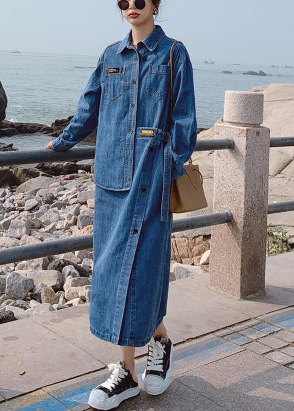 Women's Long Denim Dress with Asymmetric Design and Buttons