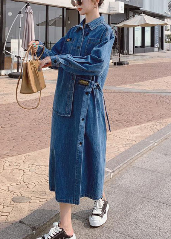 Women's Long Denim Dress with Asymmetric Design and Buttons