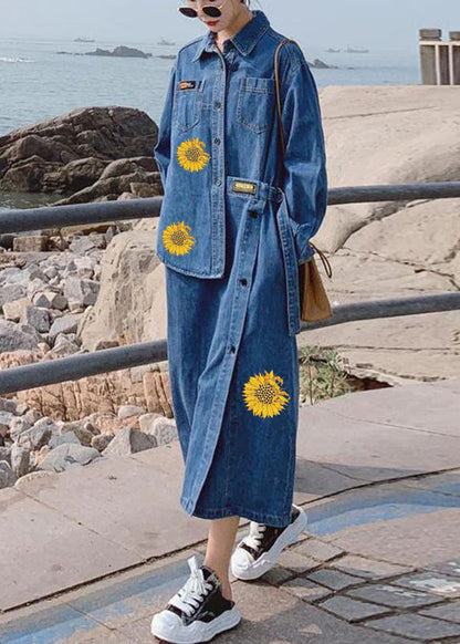 Women's Long Denim Dress with Asymmetric Design and Buttons