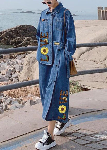 Women's Long Denim Dress with Asymmetric Design and Buttons