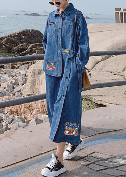 Women's Long Denim Dress with Asymmetric Design and Buttons