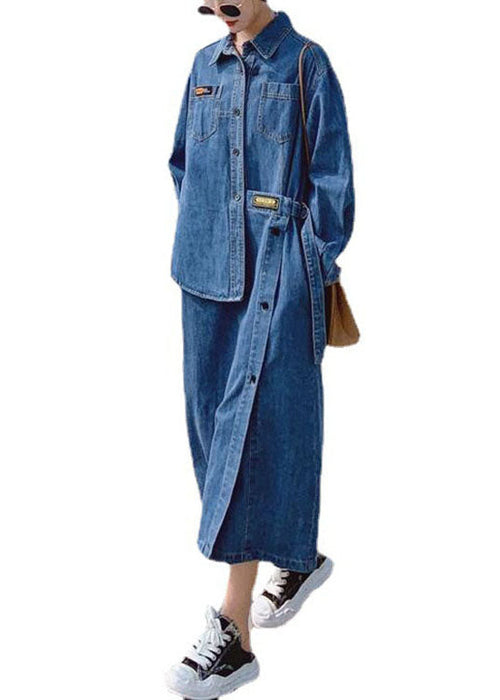 Women's Long Denim Dress with Asymmetric Design and Buttons