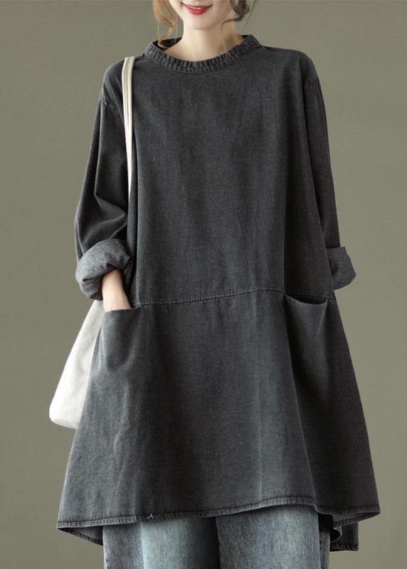 Women's Long Denim Dress with O-neck and Pockets