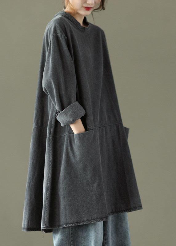 Women's Long Denim Dress with O-neck and Pockets