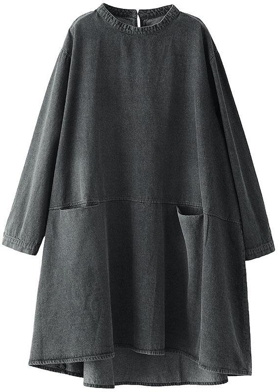 Women's Long Denim Dress with O-neck and Pockets