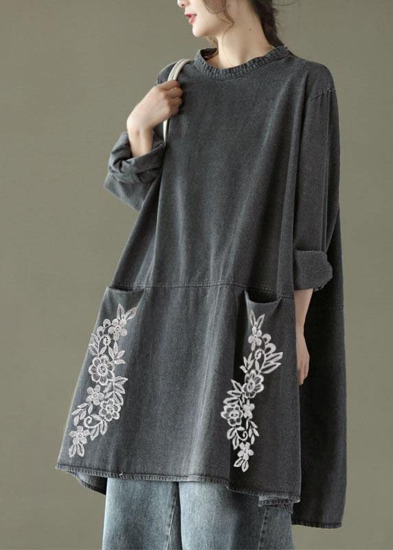 Women's Long Denim Dress with O-neck and Pockets