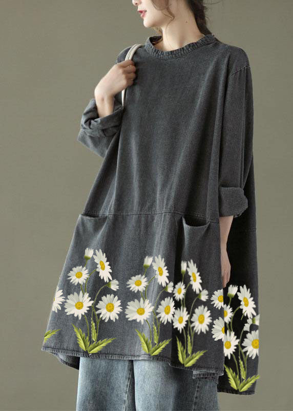Women's Long Denim Dress with O-neck and Pockets