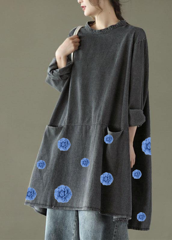 Women's Long Denim Dress with O-neck and Pockets