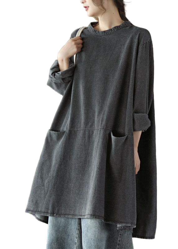 Women's Long Denim Dress with O-neck and Pockets