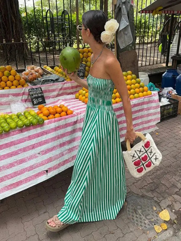 Women's Long Dress Tube Top Striped Summer Maxi Dress