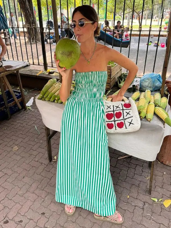 Women's Long Dress Tube Top Striped Summer Maxi Dress