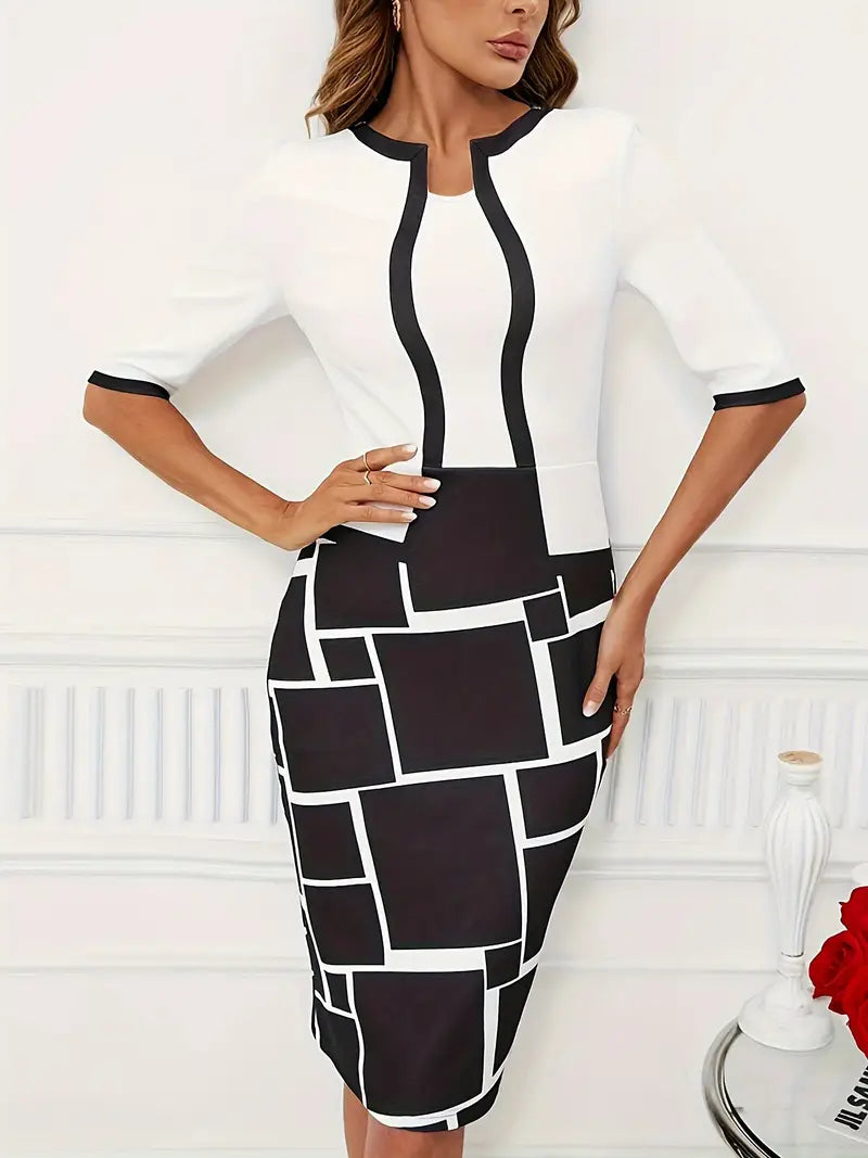 Women's Long Dress Two-in-One Geo-Print Round Neckline Stylish Women's Clothing