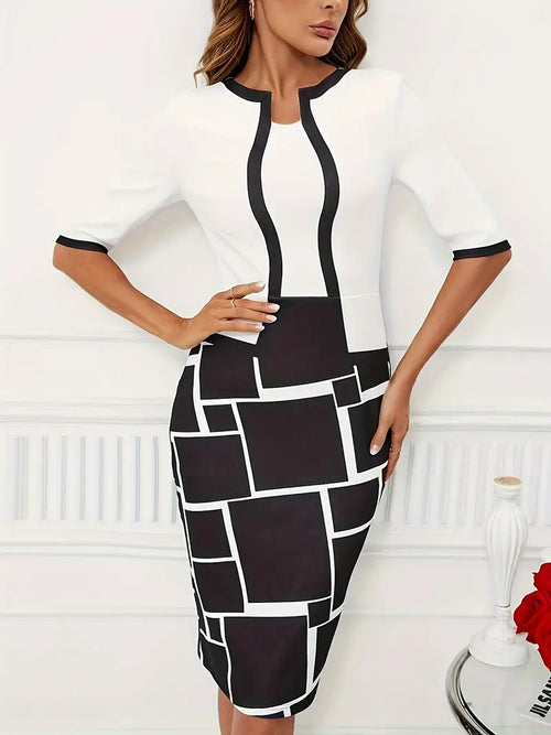 Women's Long Dress Two-in-One Geo-Print Round Neckline Stylish Women's Clothing