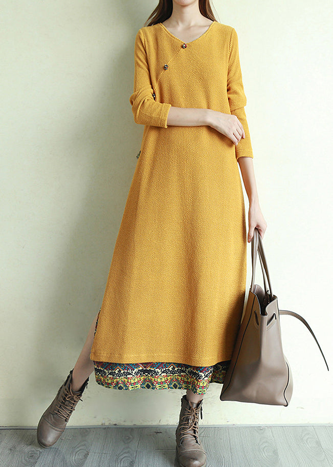 Women's Long Dress V-neck Patchwork Style