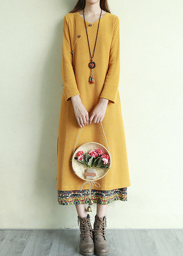 Women's Long Dress V-neck Patchwork Style