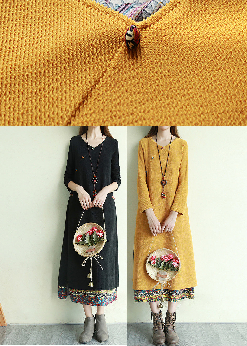 Women's Long Dress V-neck Patchwork Style