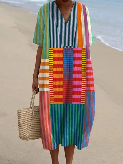 Women's Long Dress V-neck Short Sleeves Striped Colour Block
