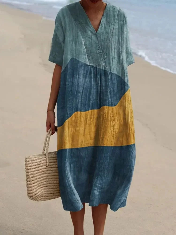 Women's Long Dress V-neck Short Sleeves Striped Colour Block