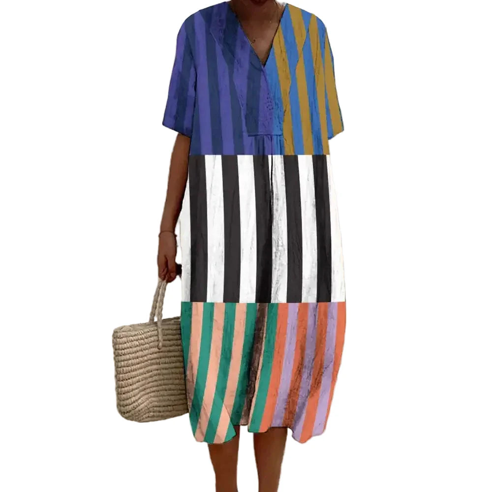 Women's Long Dress V-neck Short Sleeves Striped Colour Block