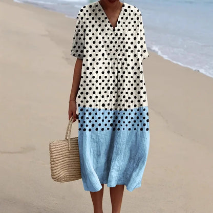 Women's Long Dress V-neck Short Sleeves Striped Colour Block