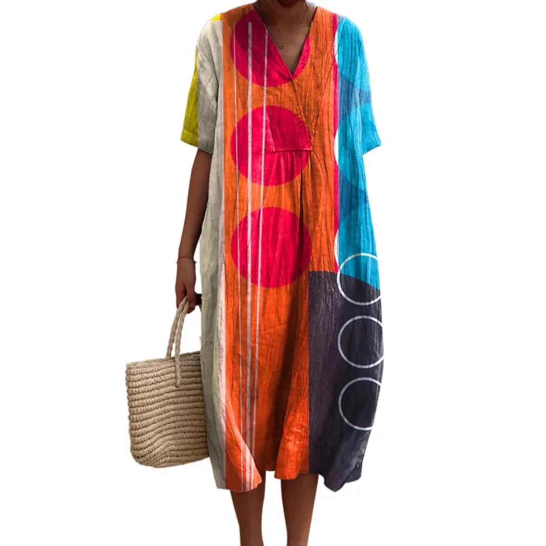 Women's Long Dress V-neck Short Sleeves Striped Colour Block