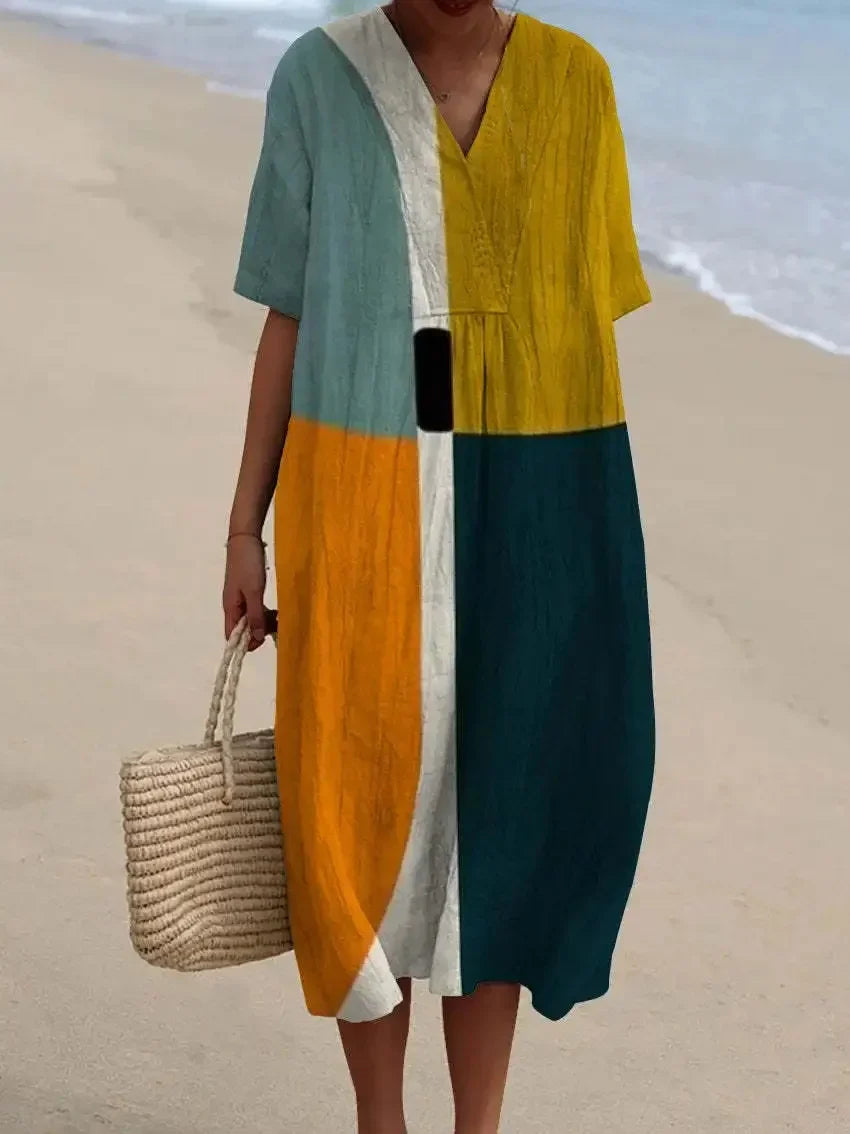 Women's Long Dress V-neck Short Sleeves Striped Colour Block