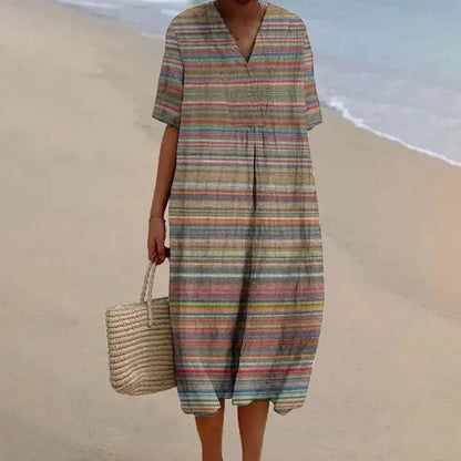 Women's Long Dress V-neck Short Sleeves Striped Colour Block