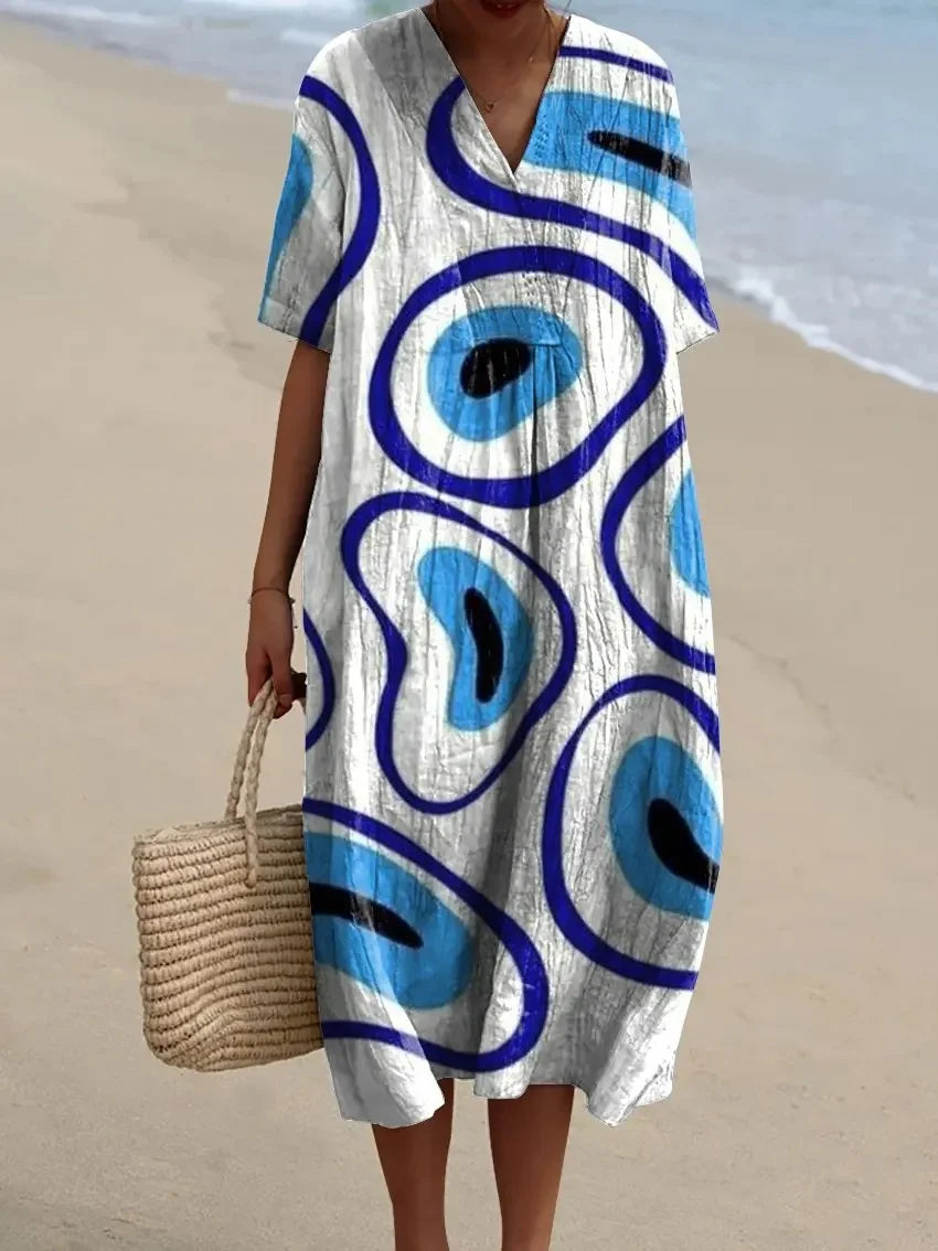 Women's Long Dress V-neck Short Sleeves Striped Colour Block