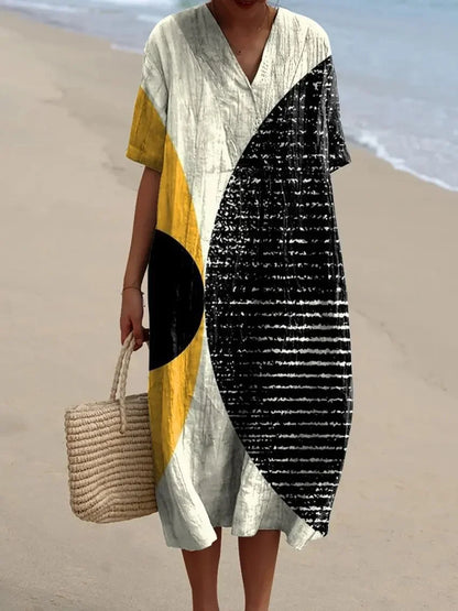 Women's Long Dress V-neck Short Sleeves Striped Colour Block