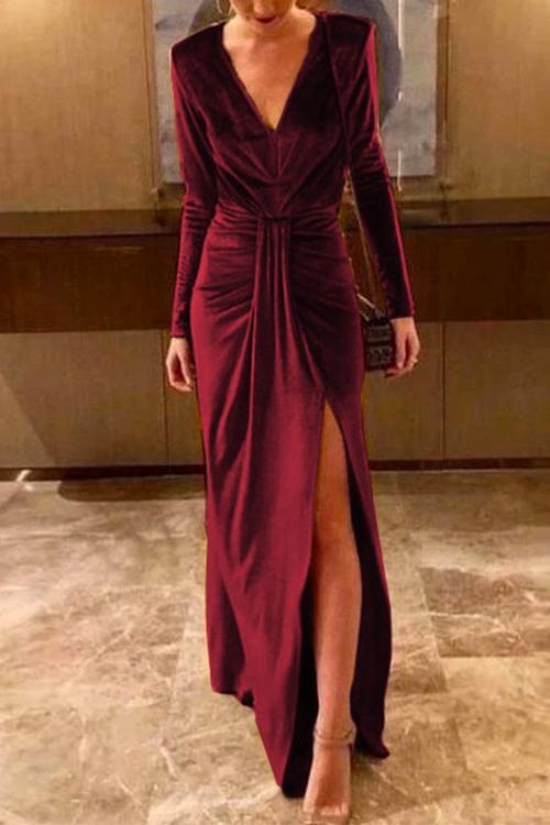 Women's Long Dress with Deep V-neckline and Ruffles for Evening Events