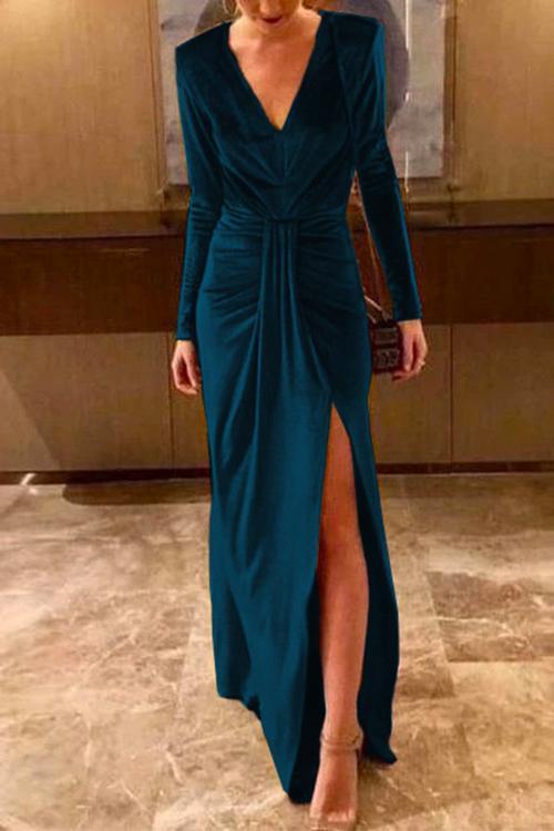 Women's Long Dress with Deep V-neckline and Ruffles for Evening Events