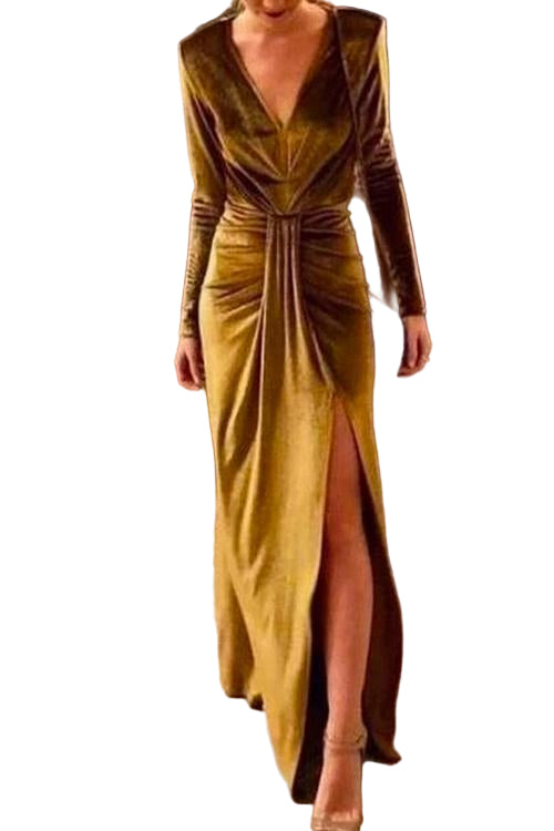 Women's Long Dress with Deep V-neckline and Ruffles for Evening Events