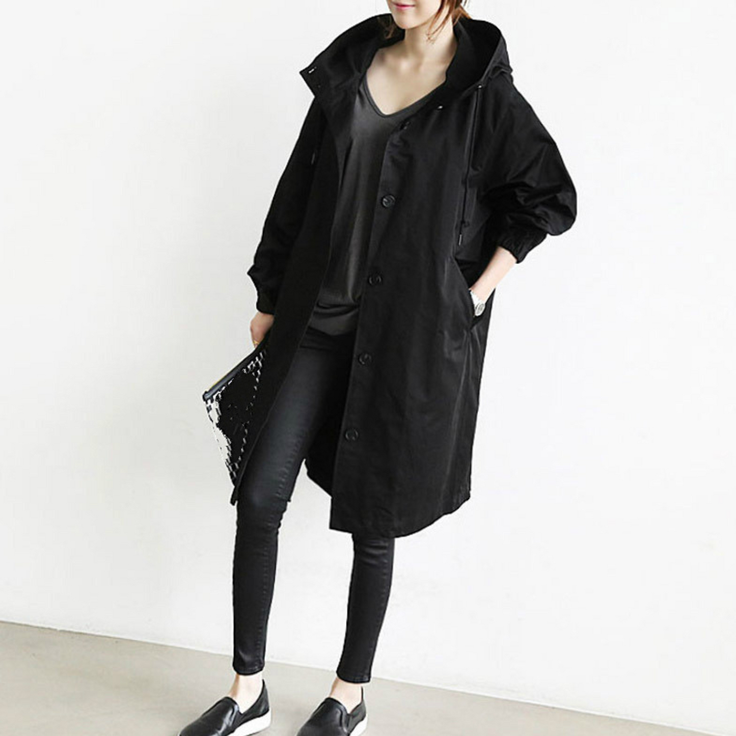 Women's Long Hooded Trench Coat with Adjustable Waist