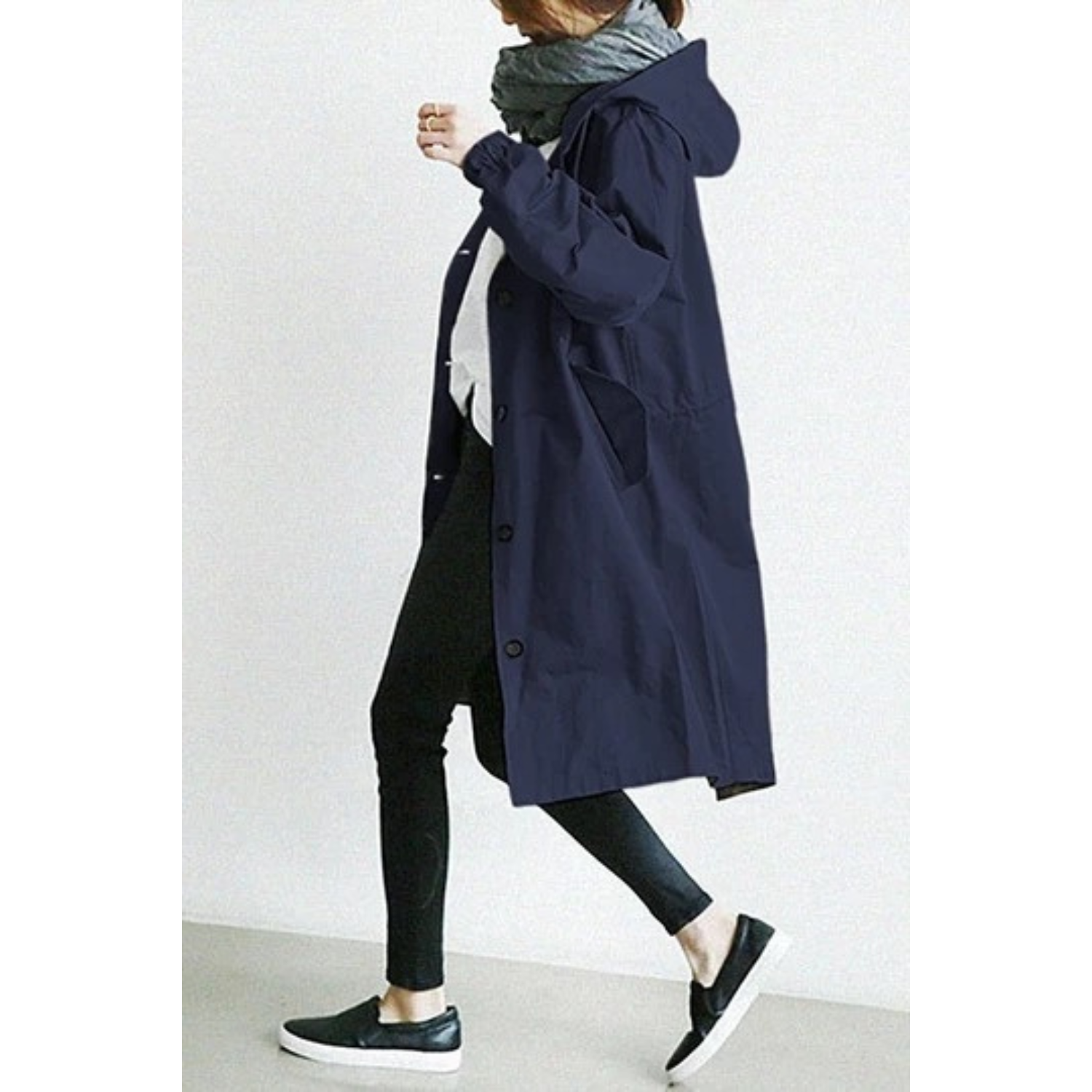 Women's Long Hooded Trench Coat with Adjustable Waist