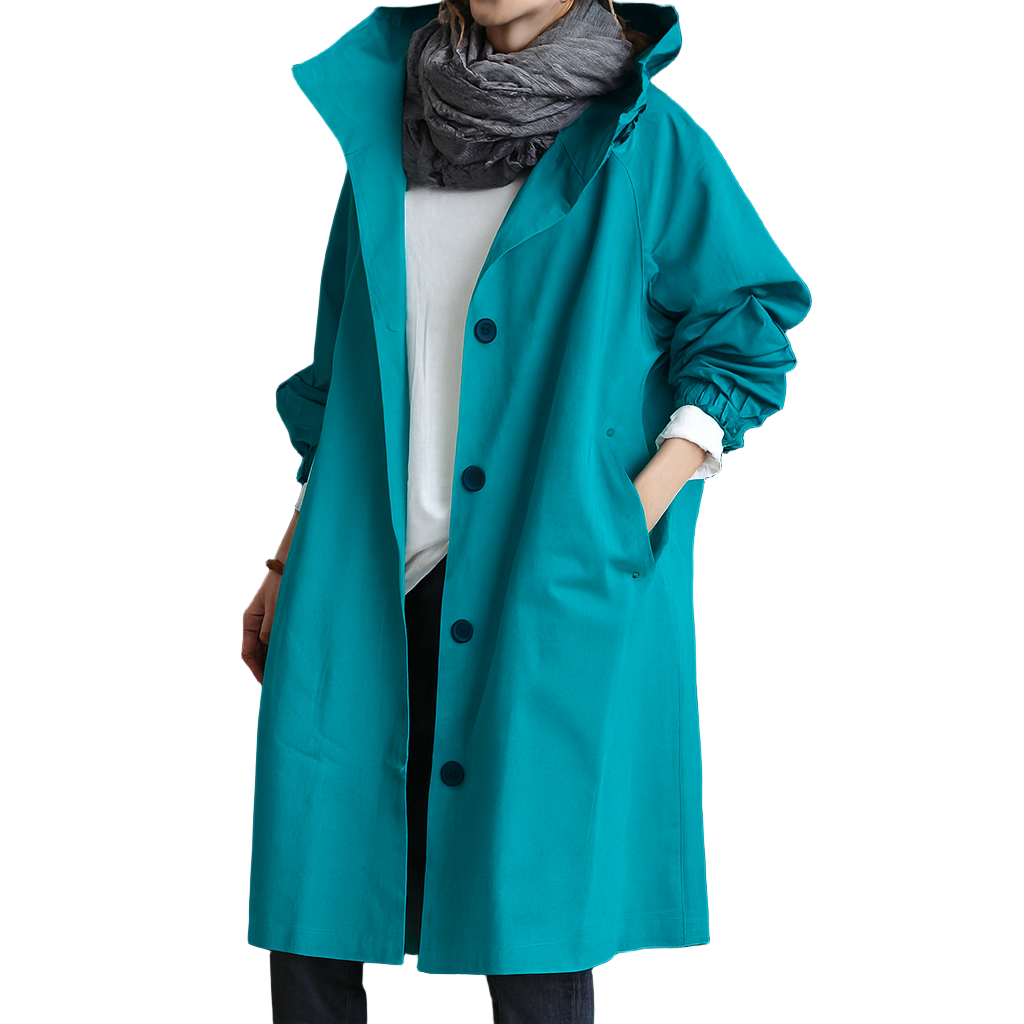 Women's Long Hooded Trench Coat with Adjustable Waist