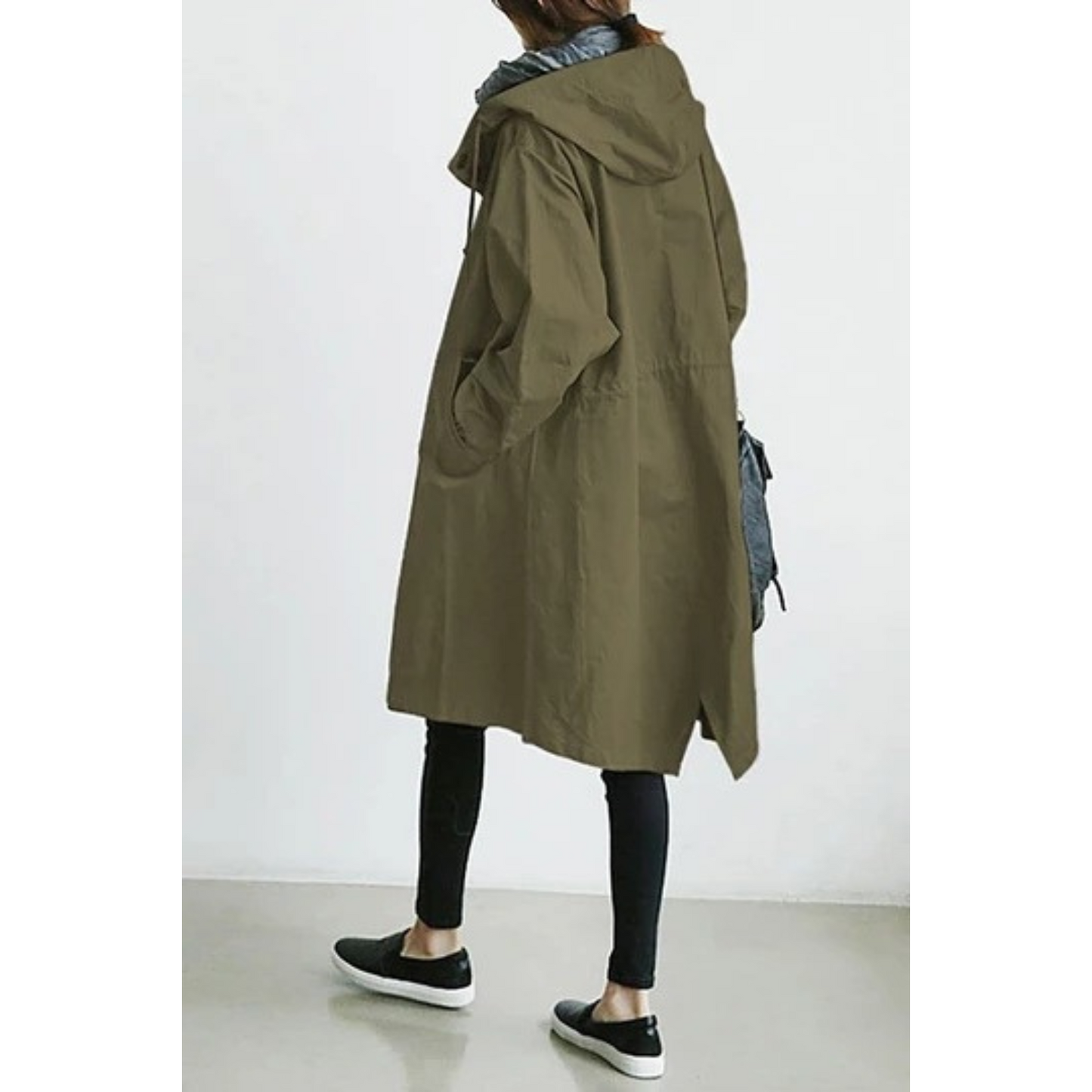 Women's Long Hooded Trench Coat with Adjustable Waist