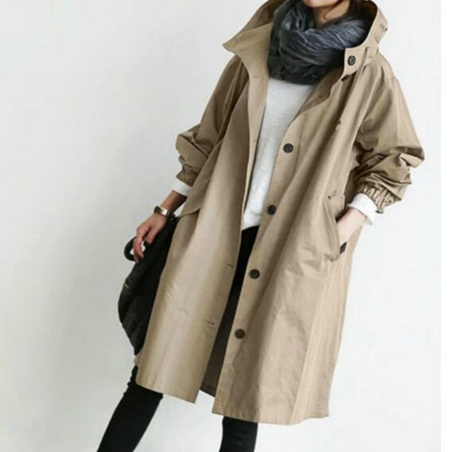 Women's Long Hooded Trench Coat with Adjustable Waist