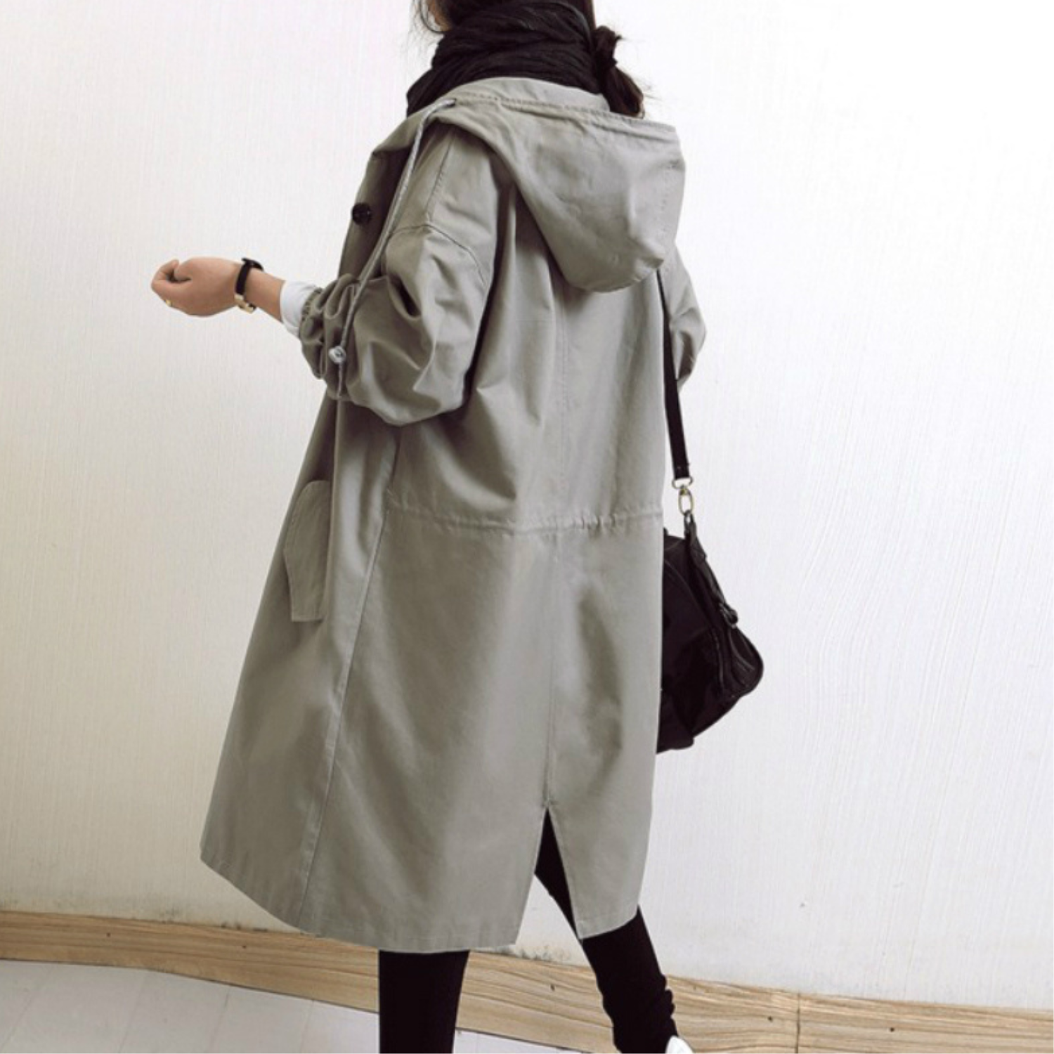 Women's Long Hooded Trench Coat with Adjustable Waist