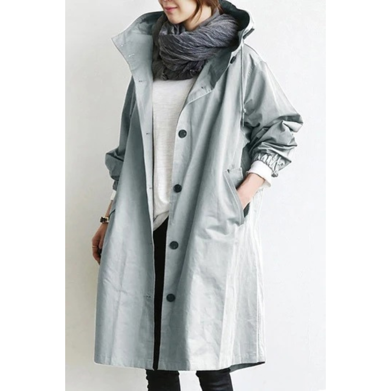 Women's Long Hooded Trench Coat with Adjustable Waist