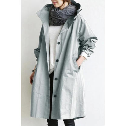 Women's Long Hooded Trench Coat with Adjustable Waist