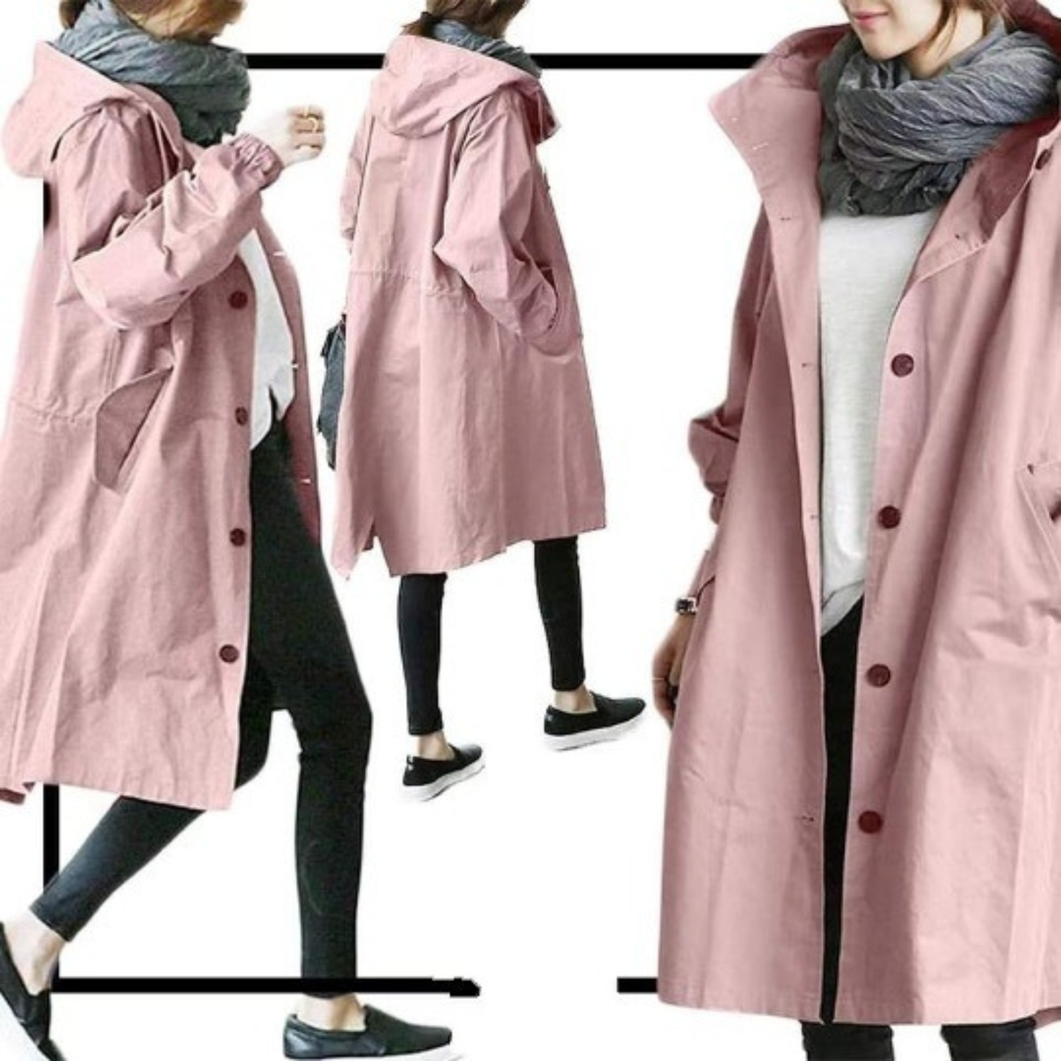 Women's Long Hooded Trench Coat with Adjustable Waist