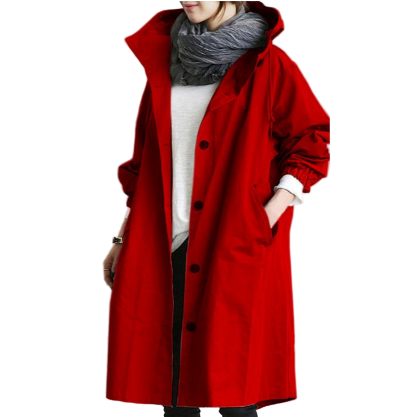 Women's Long Hooded Trench Coat with Adjustable Waist