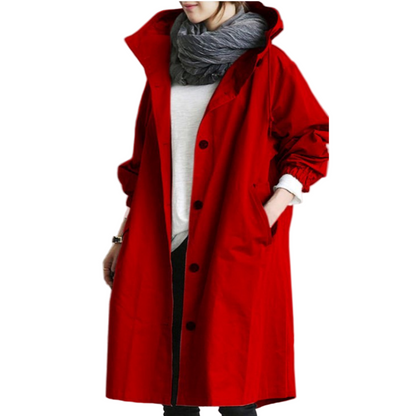 Women's Long Hooded Trench Coat with Adjustable Waist