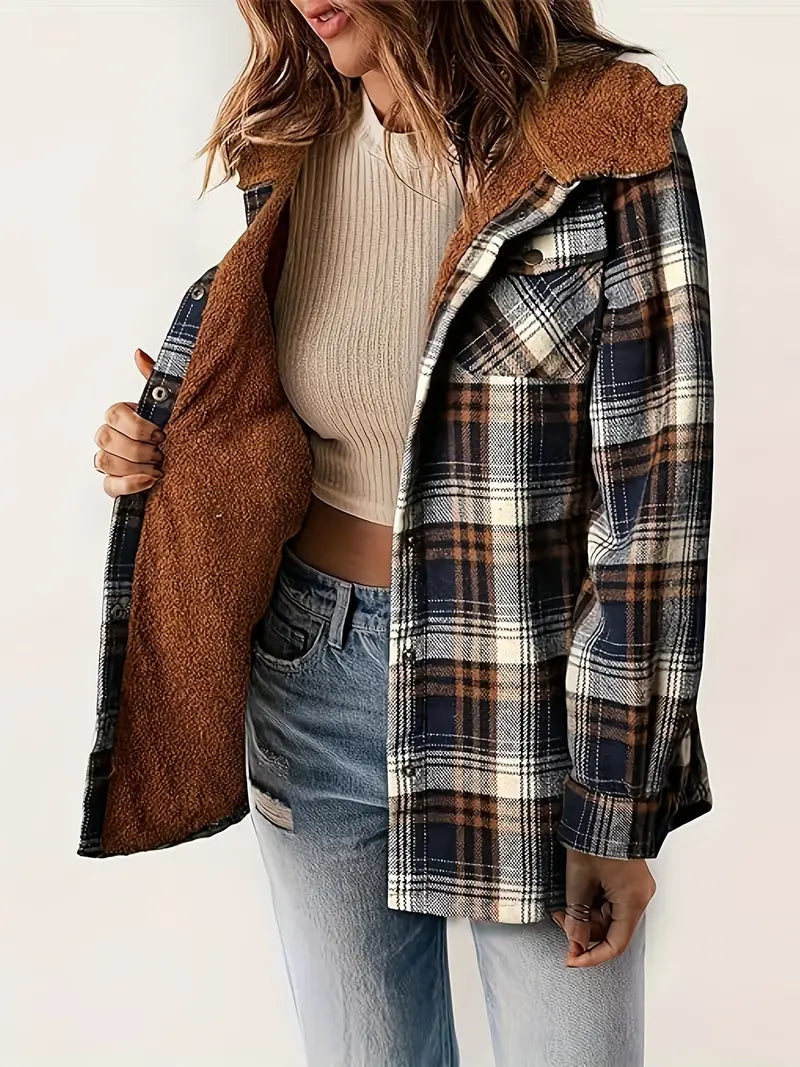 Women's Long Jacket Checkered With Zipper For Winter Days