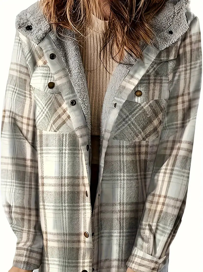 Women's Long Jacket Checkered With Zipper For Winter Days