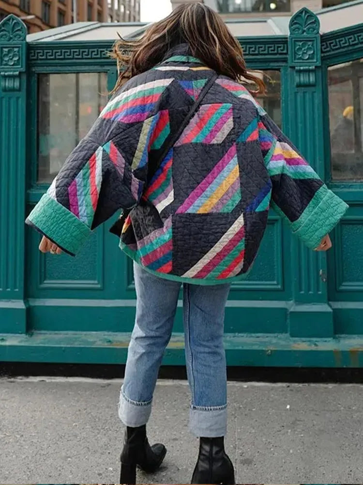Women's Long Jacket Quilted Striped Polyester for Winter