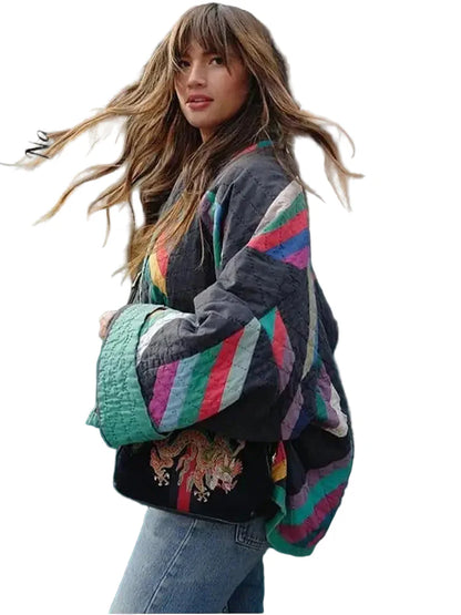 Women's Long Jacket Quilted Striped Polyester for Winter