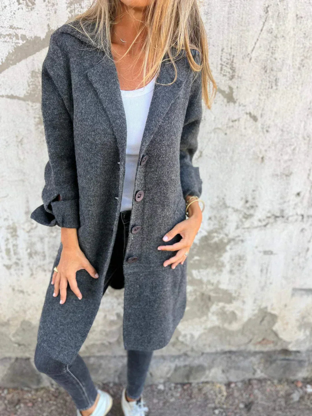 Women's Long Jacket With Lapel Collar