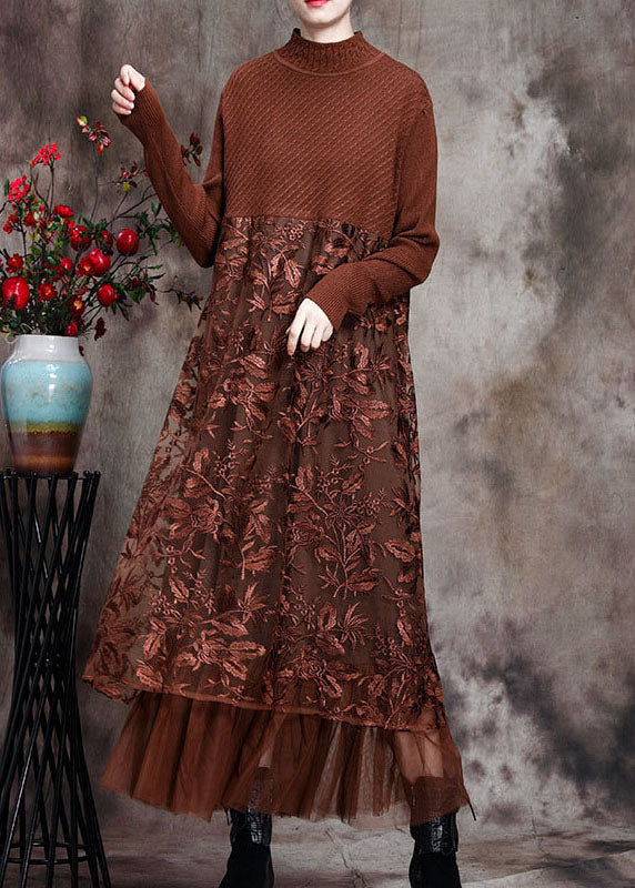 Women's Long Knitted Dress with O-neck and Embroidered Design