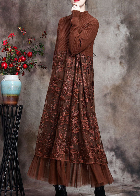 Women's Long Knitted Dress with O-neck and Embroidered Design
